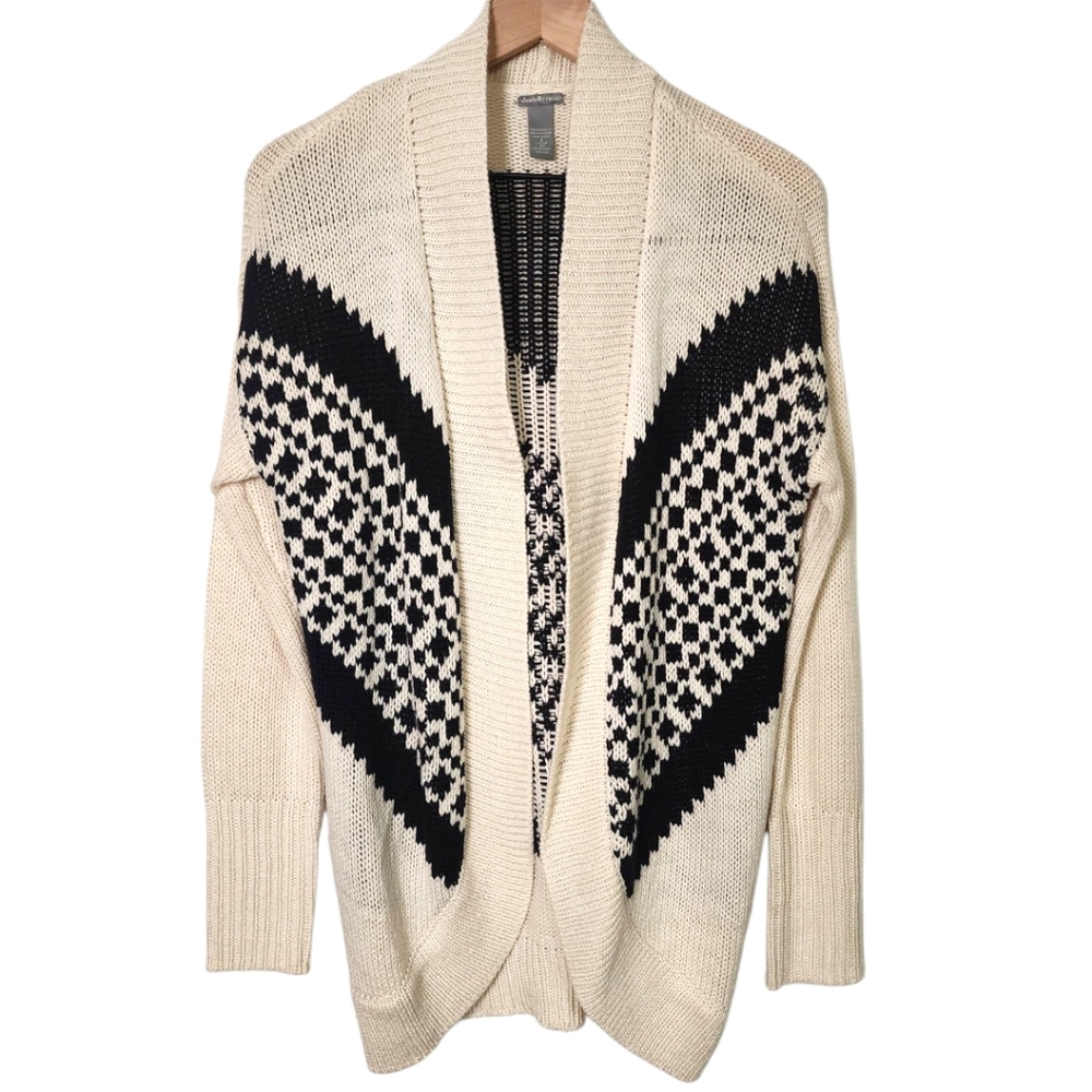 Charlotte Russe Womens Small Open Front Knit Tulip Hem Cardigan Black Cream